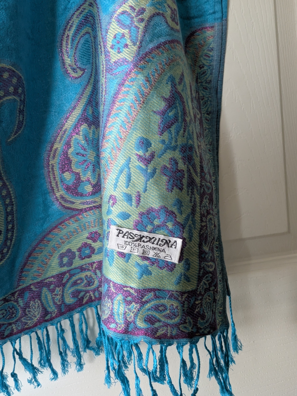 Pashmina Paisley Scarf in Turquoise, Yellow & Purple